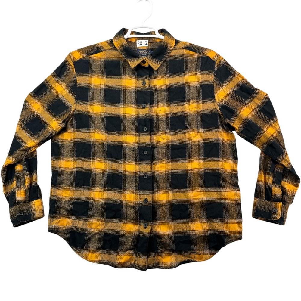 Pendleton Womens Yellow Black Plaid Flannel Button Down Shirt Size L Pocket